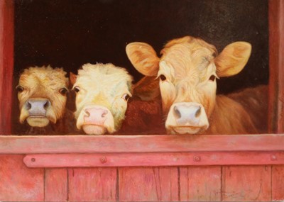 Lot 276 - Denby Sweeting (British 1936-2020) Three Cows over a Barn Door