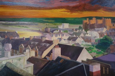 Lot 243 - Denby Sweeting (1936-2020) Conwy Castle at Sunset from Across the Rooftops