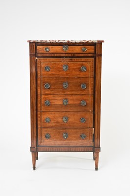 Lot 432 - A French Louis XVI style inlaid satinwood marble-topped tallboy chest