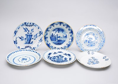 Lot 395 - Five English delft plates and one Dutch delft plate, 18th century
