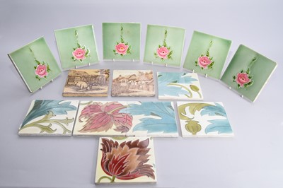 Lot 423 - A collection of twenty seven English tiles and one Belgian tile