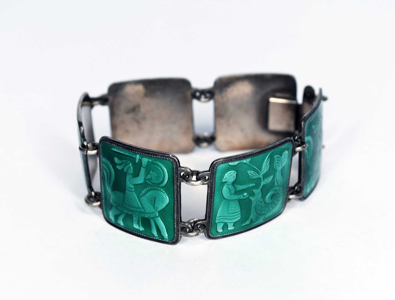Lot 362 - A Norwegian silver and enamel plaque bracelet by David Andersen
