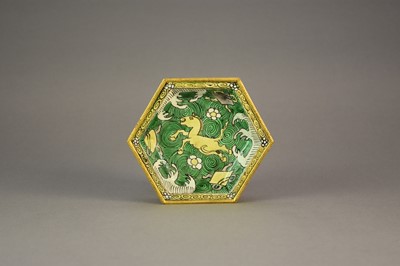 Lot 11 - A Chinese gilt-metal mounted biscuit famille verte dish, Kangxi