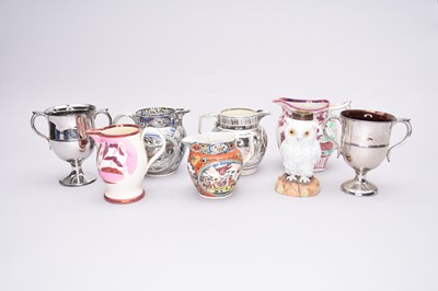 Lot 420 - Group of English jugs and a pair of twin-handled silver lustre chalice cups