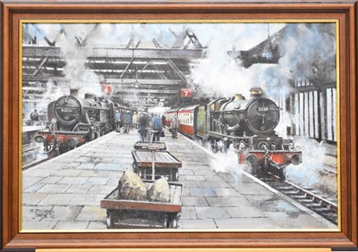 Lot 344 - Bernard Jones (active circa 1996), two steam locomotives in a station, '5029' and '42305'