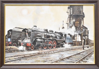 Lot 343 - Bernard Jones (active circa 1996), 'Chang Chun', a steam locomotive in a siding, oil on canvas