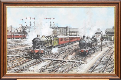 Lot 428 - Bernard Jones (active circa 1996), two steam locomotives pulling out of a station, oil