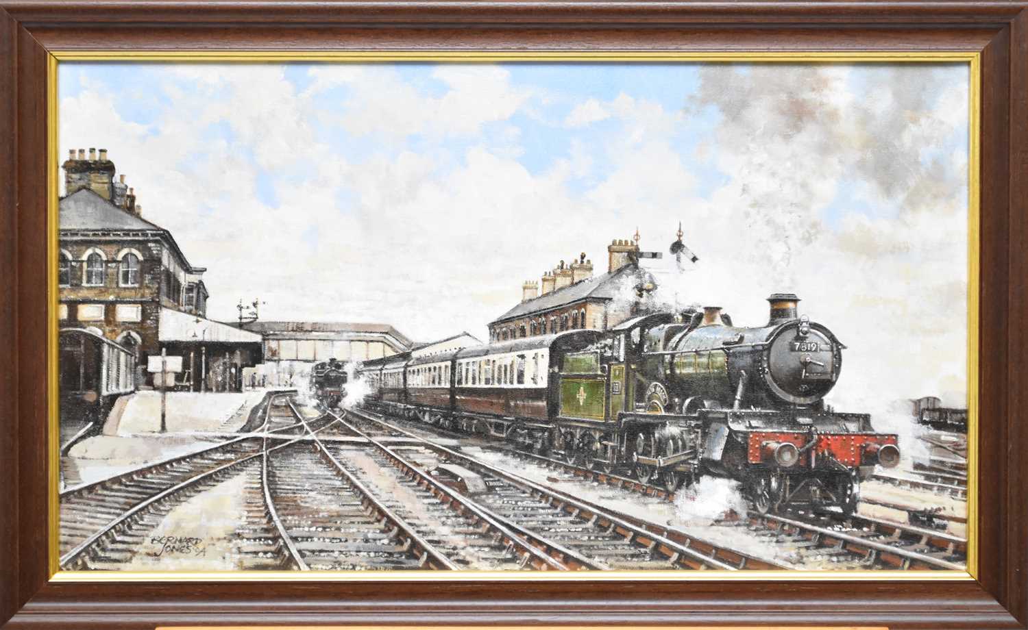 Lot 540 - Bernard Jones (active circa 1996), a locomotive in a station, '7819', oil on canvas