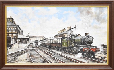 Lot 540 - Bernard Jones (active circa 1996), a locomotive in a station, '7819', oil on canvas
