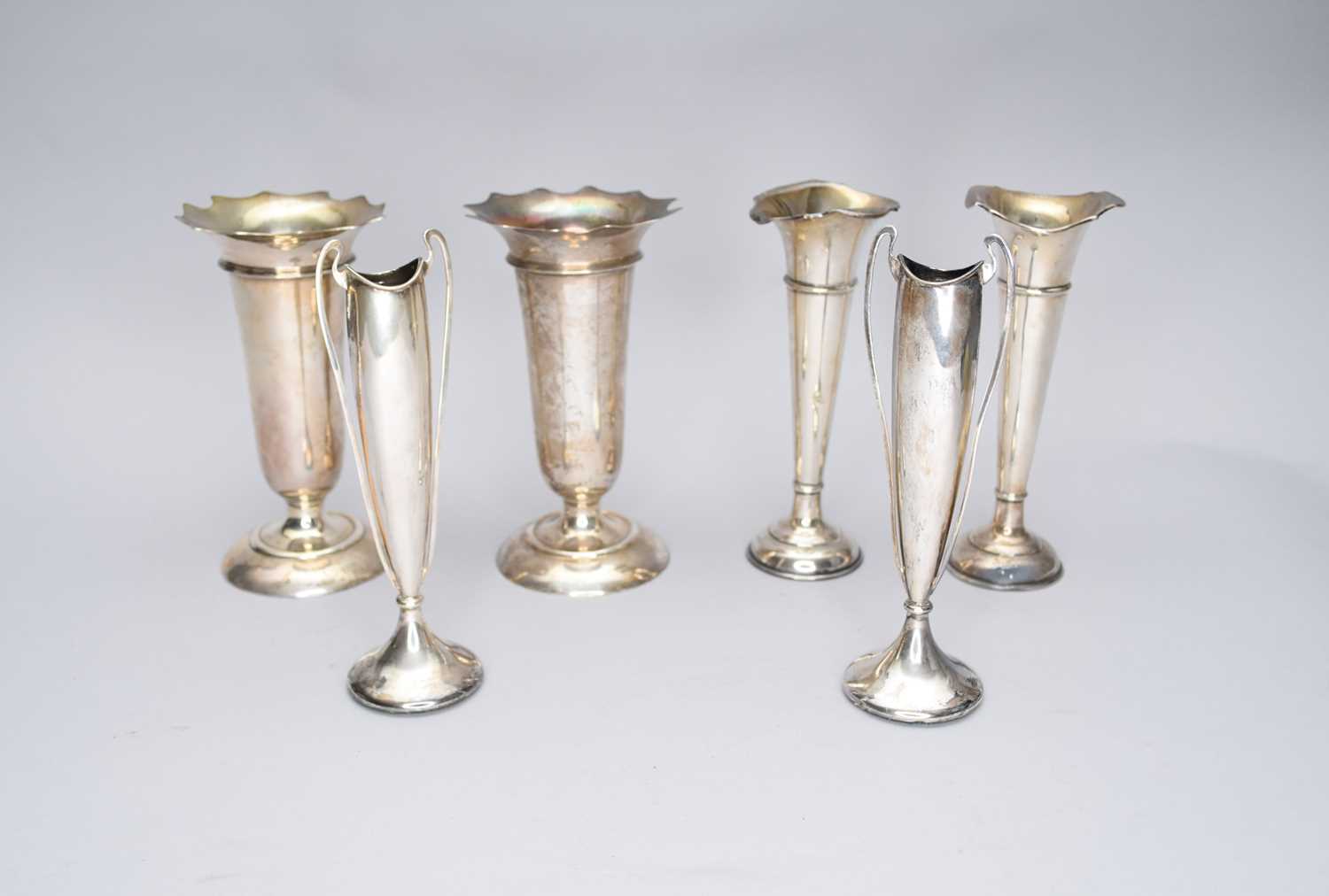 Lot 10 - Three pairs of silver moutned vases