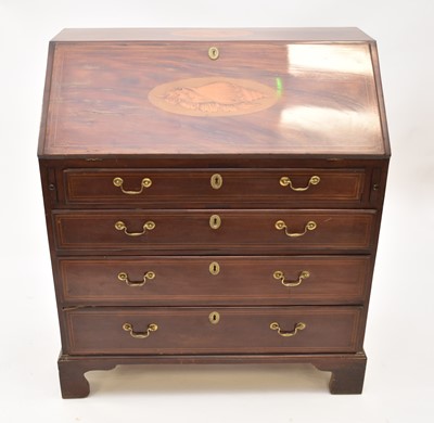 Lot 525 - George III mahogany bureau, later inlaid and stamped Edwards & Roberts