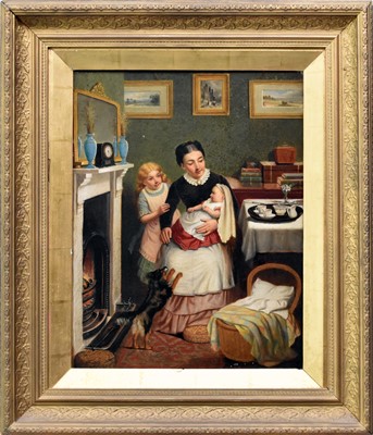 Lot 226 - British Naive School (early 19th Century) Mother and Children before the Fireside