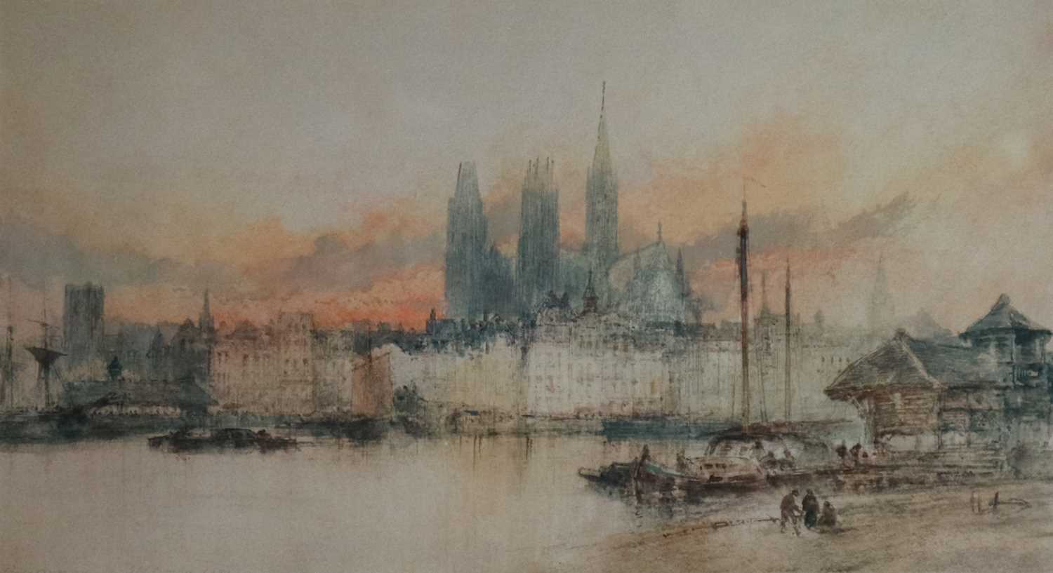 Lot 209 - Paul Marny (British 1829-1914) Old Rouen and Cathedral at Sunset