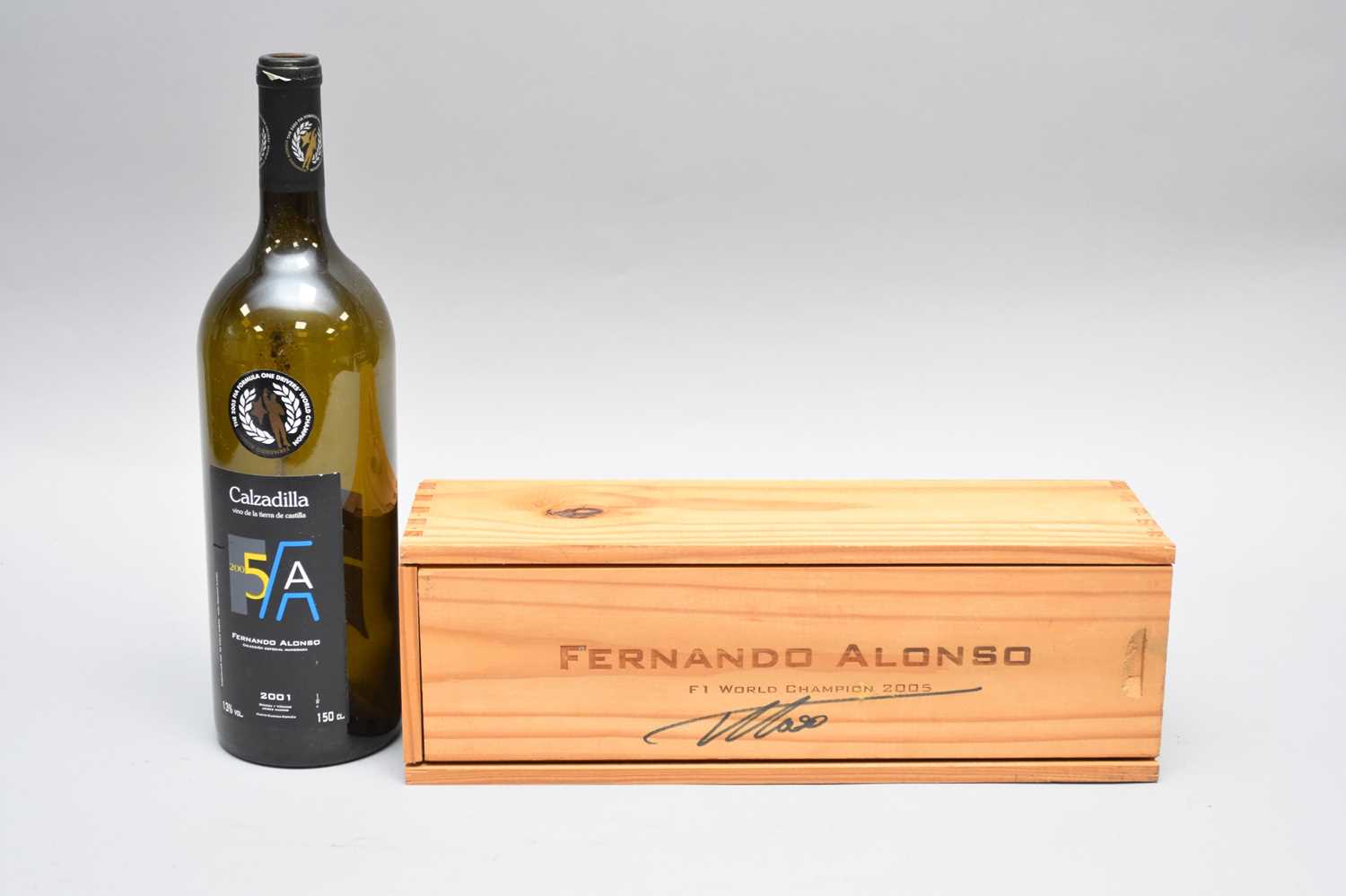 Lot 380 - Fernando Alonso: a signed cased 2005 wine bottle