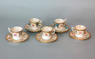 Lot 271 - Five Coalport batwing demitasse coffee cups and saucers, rare colourways