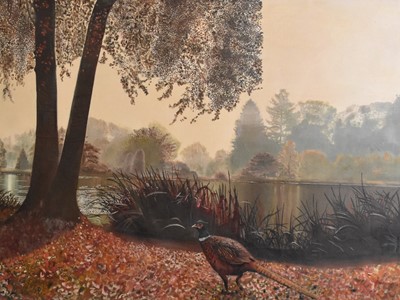 Lot 181 - British School (Late 19th/early 20th century), a cock pheasant before a lake, oil