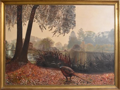 Lot 181 - British School (Late 19th/early 20th century), a cock pheasant before a lake, oil
