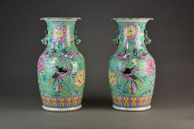 Lot 10 - A pair of Chinese famille rose turquoise ground vases, Qing Dynasty