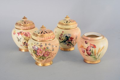 Lot 249 - Four Royal Worcester blush ivory pot pourri vases