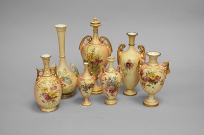 Lot 253 - Seven Royal Worcester blush ivory twin handled...