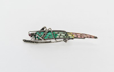 Lot 83 - A 'plique-a-jour', marcasite and ruby set locust bar brooch