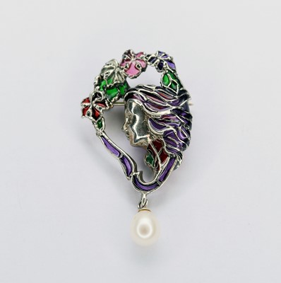 Lot 99 - A silver plique-a-jour brooch set with a suspended cultured pearl