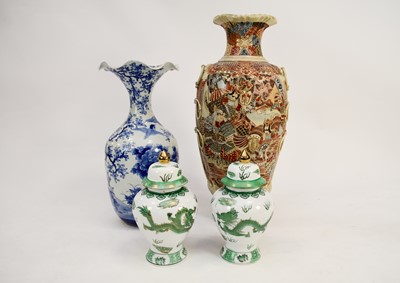 Lot 320 - A Japanese Satsuma floor an Arita floor vase and a pair of green dragon vases