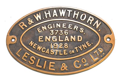 Lot 230 - A cast brass R & W Hawthorn, Leslie & Co. locomotive number plate