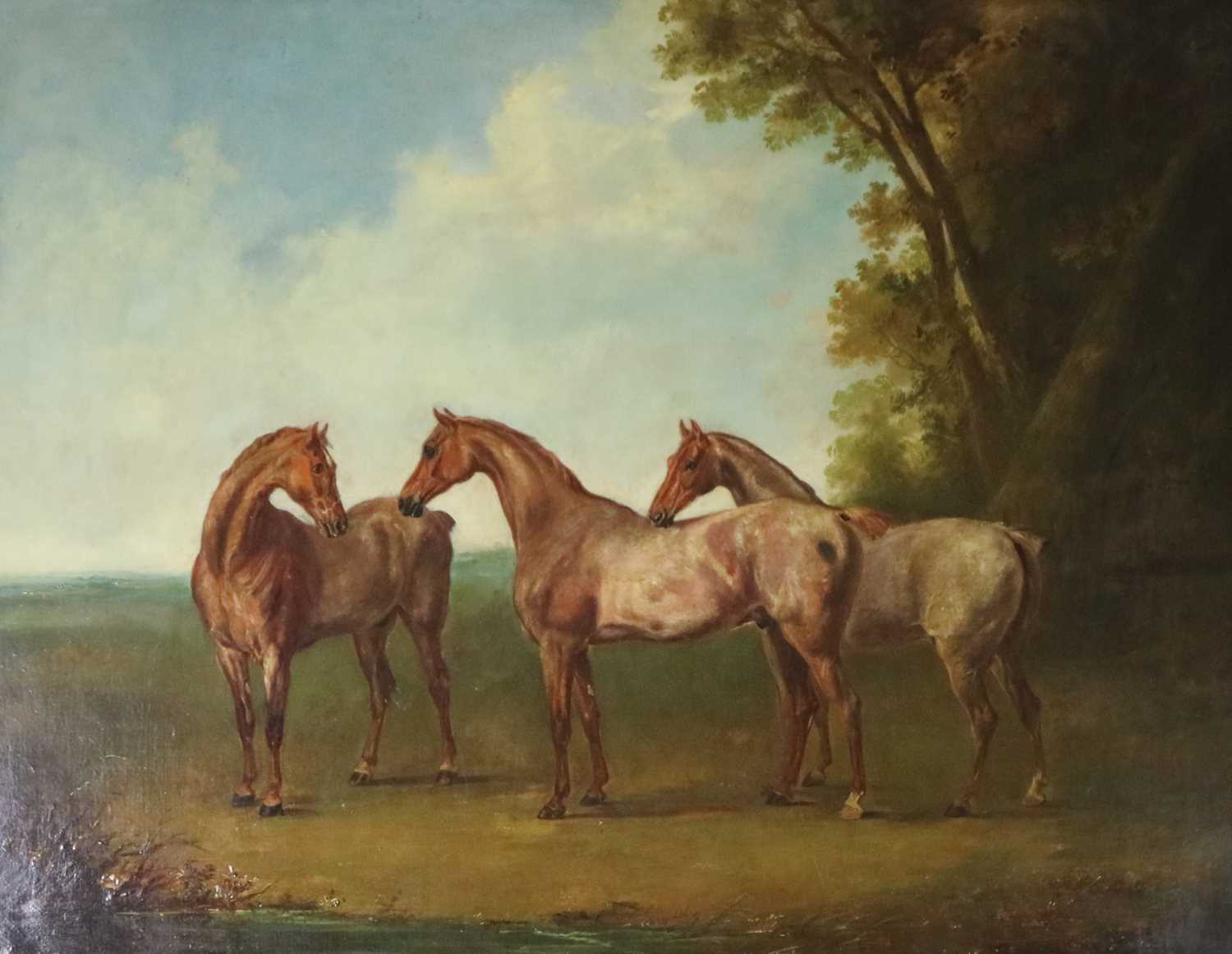Lot 74 - English School, late 19th century, three bay horses in a landscape, oil on canvas