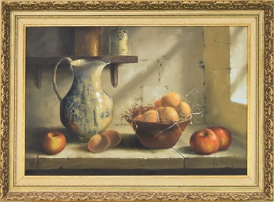 Lot 77 - Mary Dipnall (British b.1936) Still Life of Eggs and Apples with a Water Pitcher