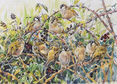 Lot 188 - David Bennett SWLA (b.1969) House Sparrows in the Brambles