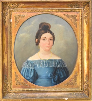 Lot 141 - British School (19th Century) Oval Portrait of a Lady wearing blue dress and pearl earrings