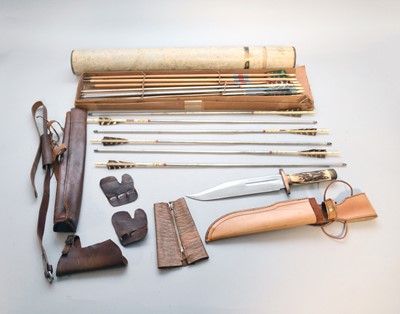 Lot 328 - A Buchanan longbow, a group of arrows, a Bowie knife and archery accessories