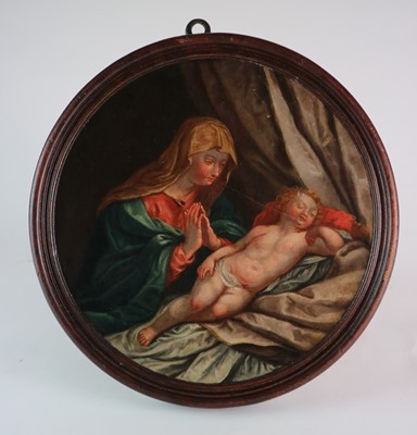 Lot 242 - 19th Century Oval Painting of the Madonna watching sleeping Christ Child