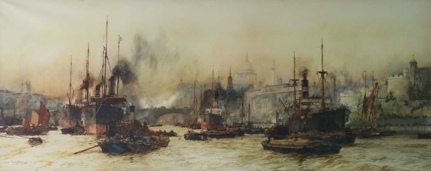 Lot 89 - Charles Edward Dixon (British, 1872-1934), Thames shipping scene, 49cm x 125cm
