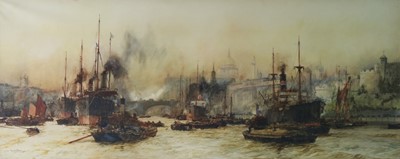 89 - Charles Edward Dixon (British, 1872-1934), Thames shipping scene, 49cm x 125cm