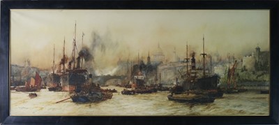 Lot 89 - Charles Edward Dixon (British, 1872-1934), Thames shipping scene, 49cm x 125cm
