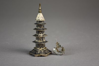 Lot 628 - A Chinese silver pepperette and a miniture ship