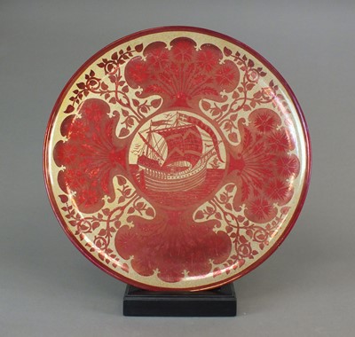 Lot 281 - A Maw and Co ruby lustre galleon charger, circa 1880