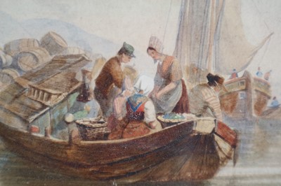 Lot 91 - Henry Gritten (1818-1873) Figures Unloading Goods at a Waterside Fortified Tower