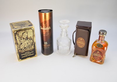 Lot 353 - Glenfiddich, Cardhu, Chivas Royal Salute whisky and a glass decanter