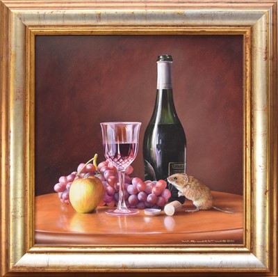 Lot 249 - Wayne Westwood (British 20th Century) Still Life with Grapes, Wine and a Little Mouse