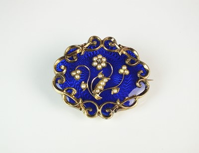 Lot 112 - A 19th century blue enamel, seed pearl and diamond mourning brooch