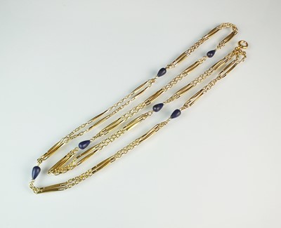 Lot 129 - A yellow metal lapis lazuli and seed pearl set necklace