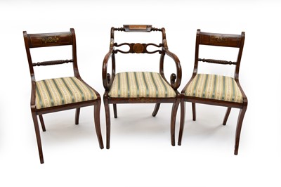 Lot 392 - A set of 6 Regency brass marquetry  and brass inlaid mahogany dining chairs, plus three (9)