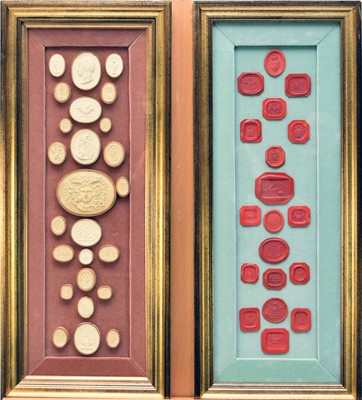 Lot 429 - A collection of plaster cameos, shell cameos and wax seals, all framed