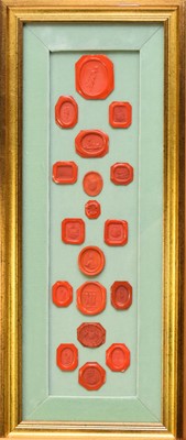 Lot 429 - A collection of plaster cameos, shell cameos and wax seals, all framed