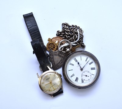 Lot 216 - A silver cased open face pocket watch and a plated wristwatch