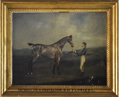 Lot 237 - English, Naive School, 19th century, jockey with mare in a landscape, oil on panel