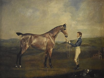 Lot 237 - English, Naive School, 19th century, jockey with mare in a landscape, oil on panel